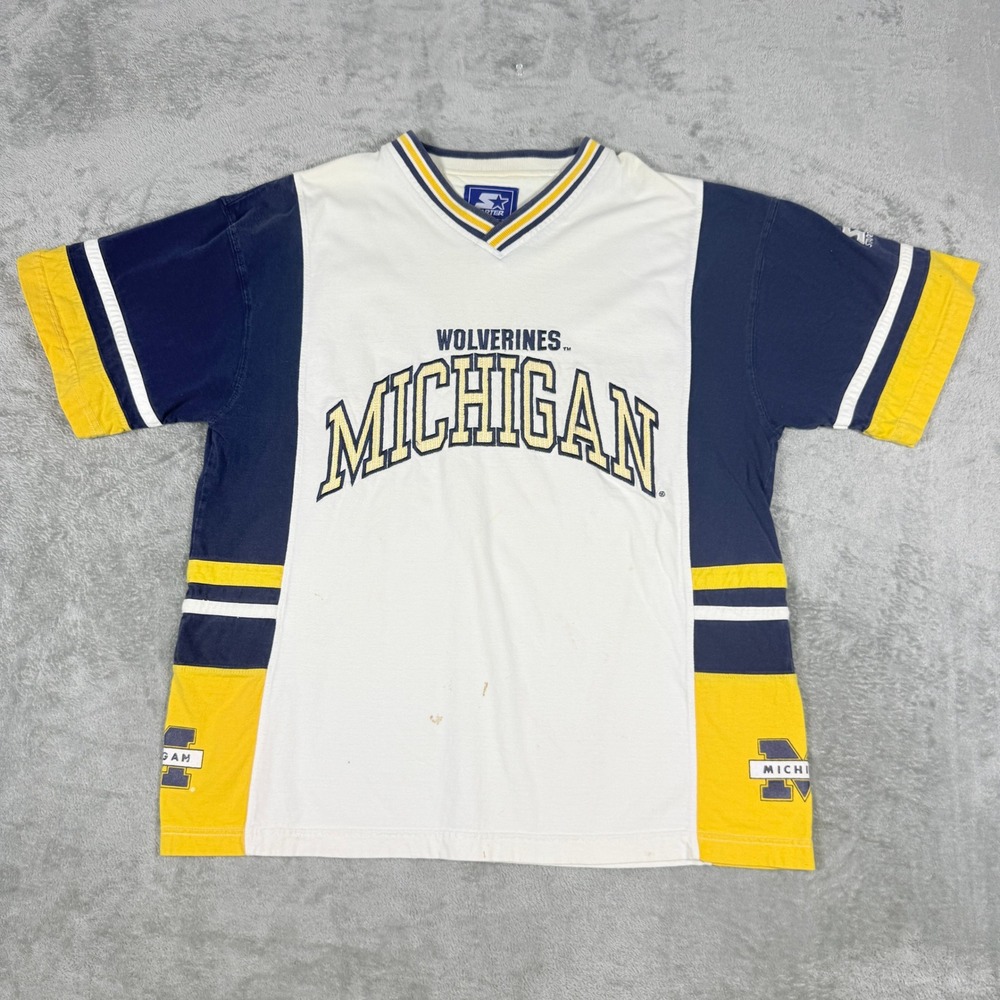 Vintage Starter Mens L Michigan Wolverines T-Shirt Colorblock V-Neck Maize